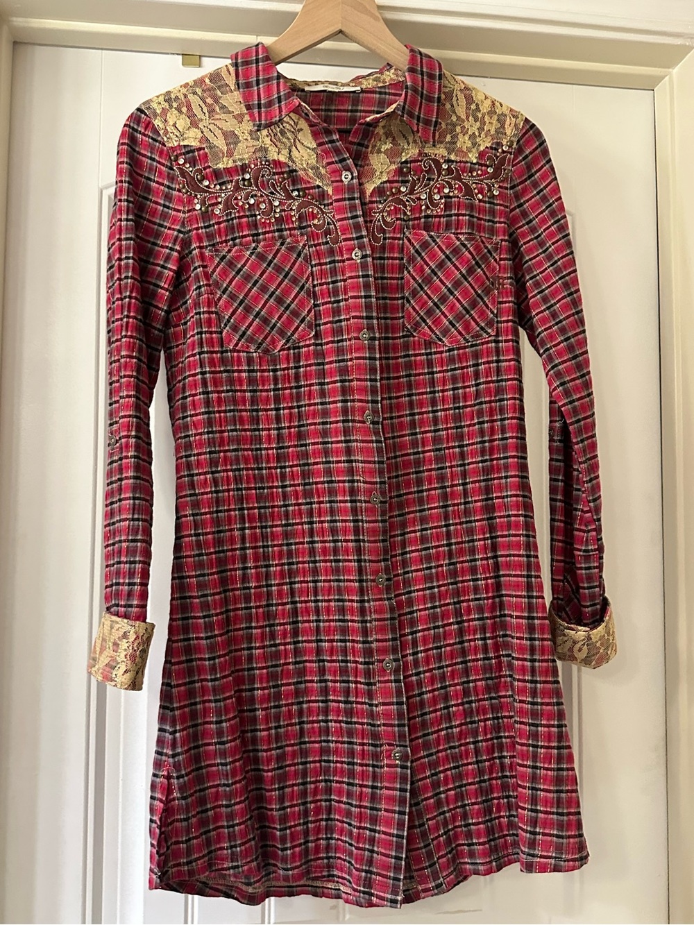 MISS ME Jeans Plaid Button Down Shirt Dress Embellished Small EUC
